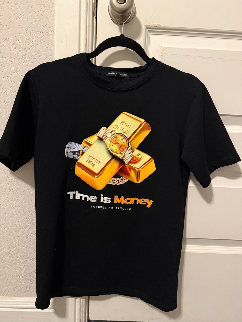 Black 'Time is Money' Graphic Tee with Gold Bar & Watch Print